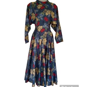 Vintage 80s Satin Floral V Waist Dolman Sleeve Mock Neck Midi Dress
